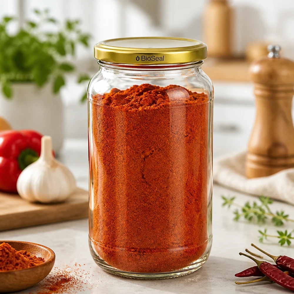 1062ml Verre rond avec couvercle BioSeal or UNiTWIST UNiTWIST Runda1062 Bocal à épices rempli de paprika en poudre TO82 BioSeal Couvercle Ambiance cuisine