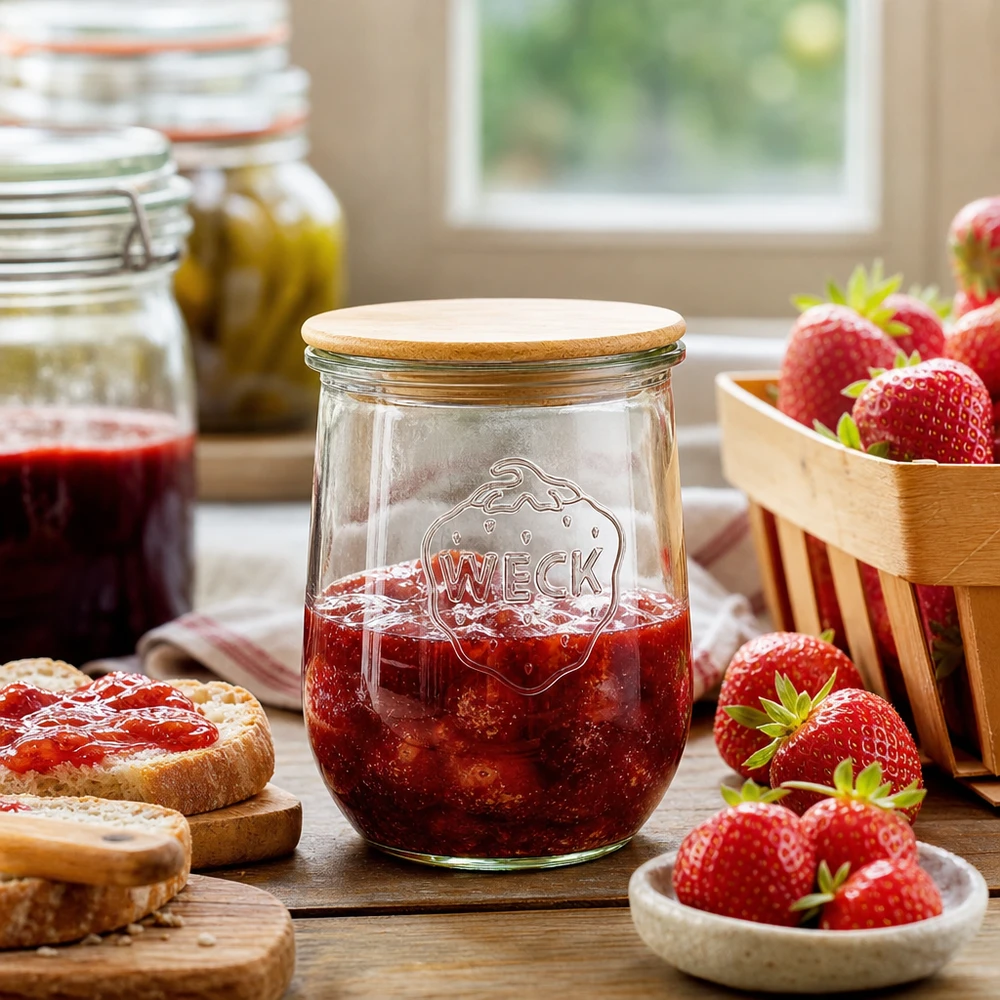 WECK Pot tulipe RR100 1062ml avec couvercle en bois rempli de confiture de fraises sur table de cuisine avec fraises fraîches