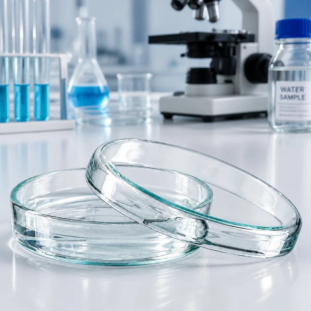 Deux boîtes de Pétri en verre de 70 x 15 mm empilées sur un plan de travail blanc de laboratoire, avec du matériel de laboratoire