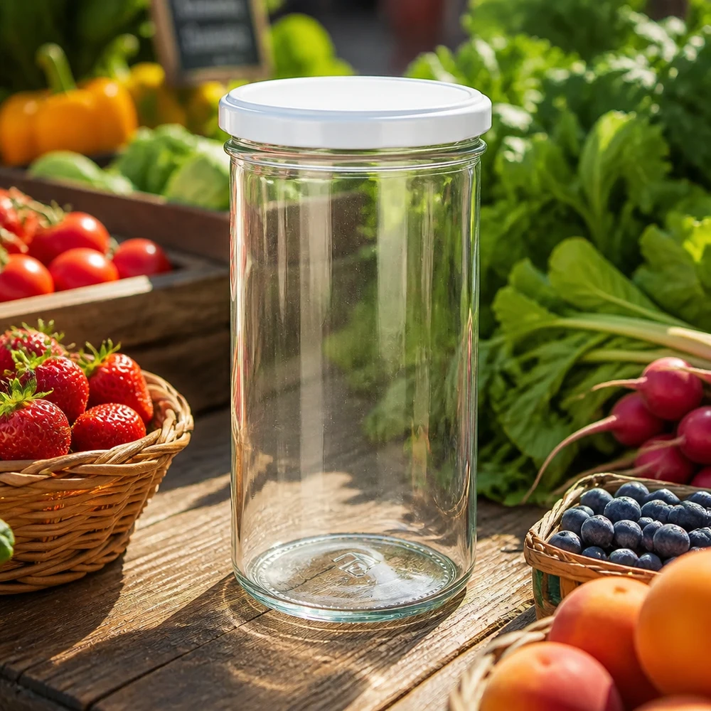 Pot renversé de 277 ml avec couvercle blanc sur une table en bois entourée de fruits et légumes frais - idéal pour la mise en conserve