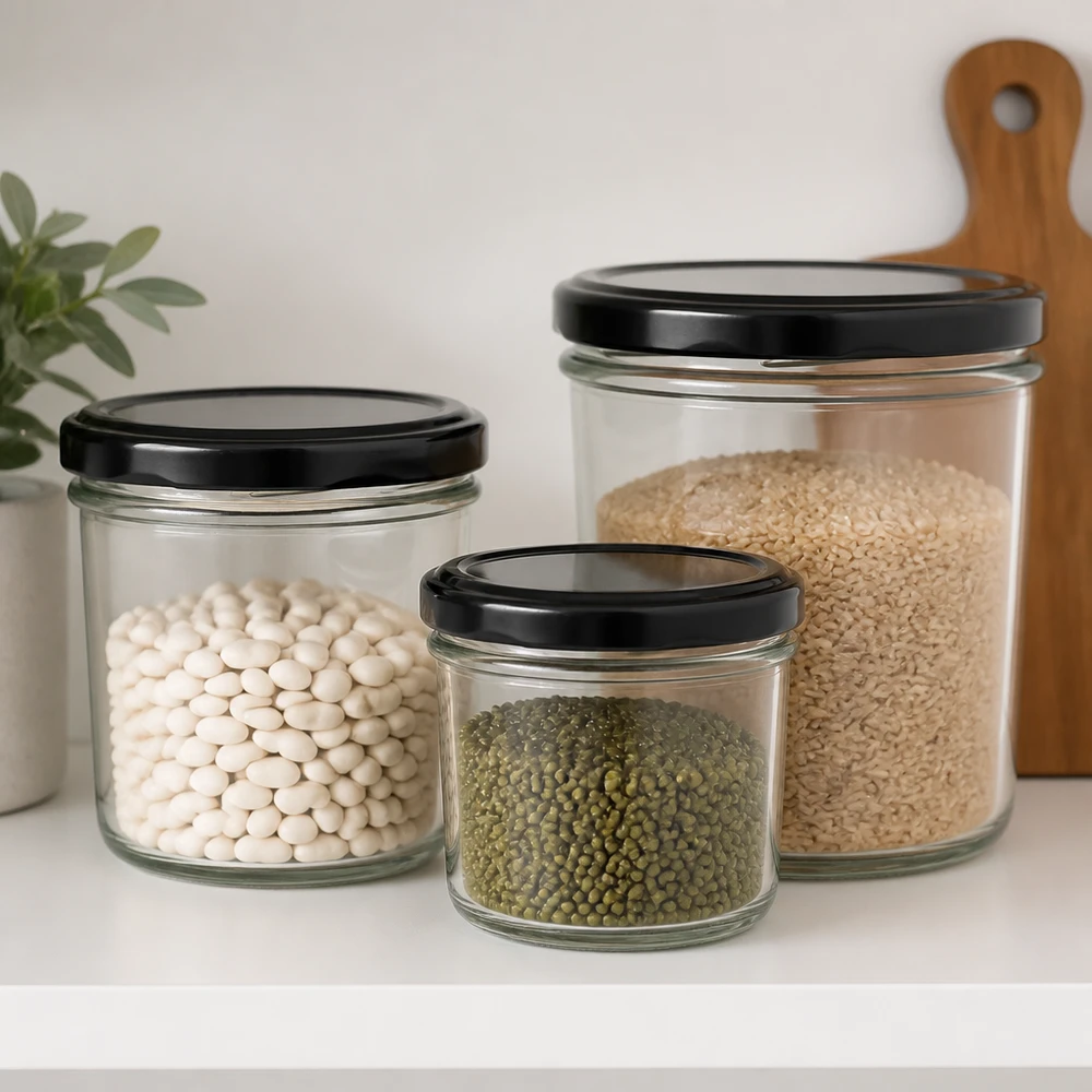 230ml Verre conique avec couvercle BasicSeal noir UNiTWIST 230ml Sturzglas Größenvergleich mit verschiedenen Hülsenfrüchten und Reis zeigt ideale Portionierung für Vorratshaltung