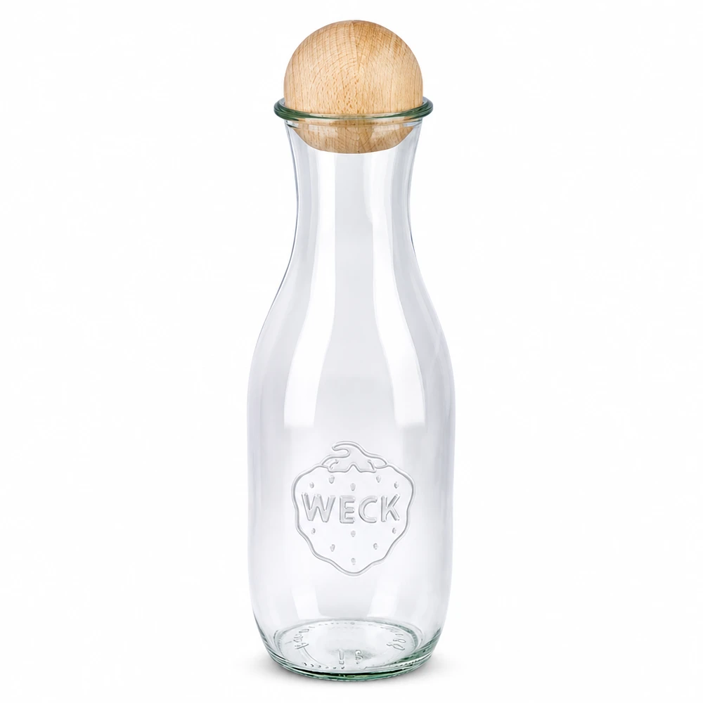 WECK Bouteille de jus 1062ml RR60 avec boule en bois hêtre bouchon Bouteille en verre transparent Mise en conserve