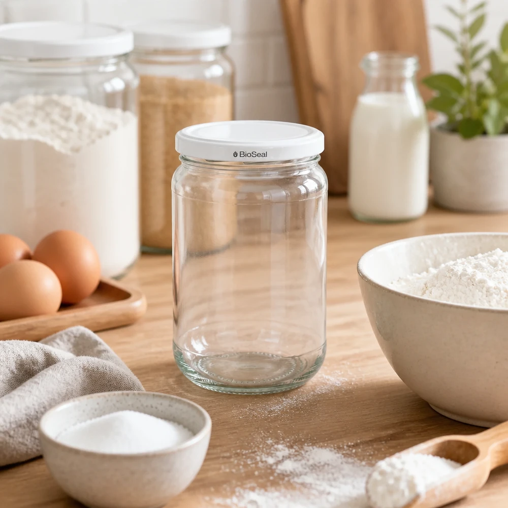 305ml Verre rond avec couvercle BioSeal blanc UNiTWIST UNiTWIST Runda305 Pot de conservation avec couvercle blanc BioSeal entre les ingrédients de cuisson - idéal pour la farine et les réserves de cuisine