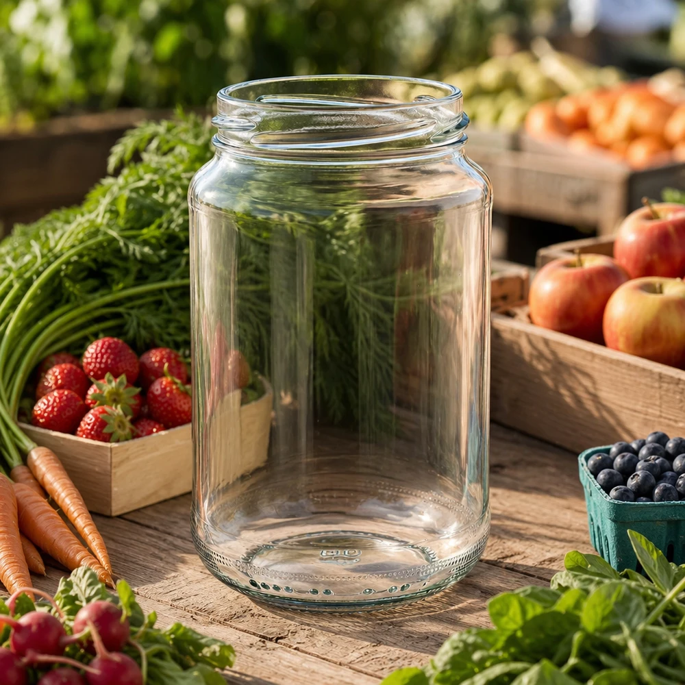 375ml Verre rond sans couvercle (TO63) UNiTWIST UNiTWIST Runda375 Verre rond 375ml TO63 sur table en bois entouré de légumes frais fruits et herbes aromatiques dans le jardin