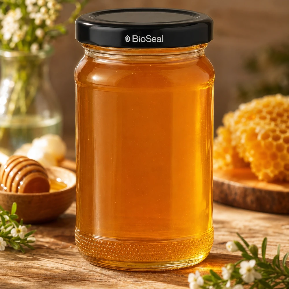 110ml Verre rond avec couvercle BioSeal noir UNiTWIST UNiTWIST Runda110 Pot de miel rempli de miel et couvercle noir TO48 BioSeal sur table en bois avec alvéoles