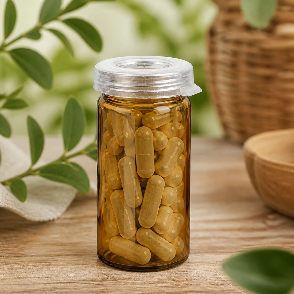 Petit flacon de pharmacie en verre ambré de 5 ml, rempli de gélules à base de plantes et muni d'un bouchon à pression transparent
