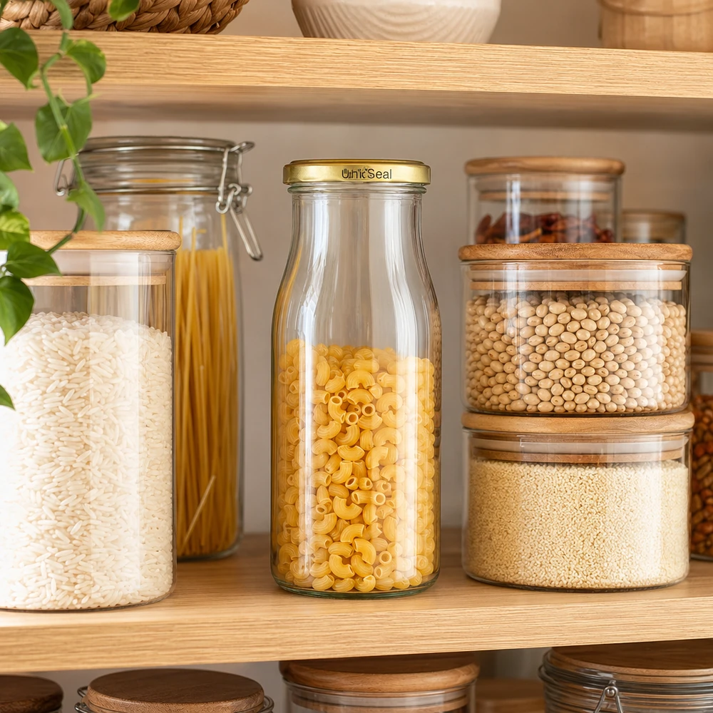 150ml Bouteille avec couvercle BioSeal or UNiTWIST UNiTWIST Bouteille en verre 150ml couvercle BioSeal doré rempli de pâtes entre les bocaux de stockage Pantry Organisation