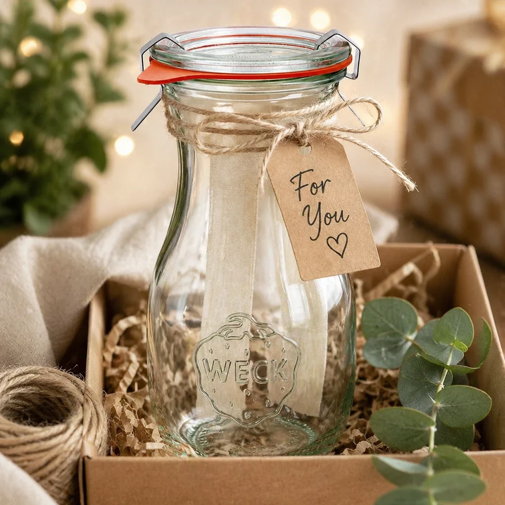 WECK Bouteille de jus 290ml RR60 décorée comme cadeau avec ruban et pendentif dans une boîte cadeau rustique