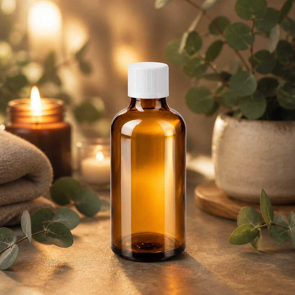 Petite bouteille en verre brun de 50 ml avec bouchon à l'épreuve des enfants, dans une ambiance spa chaleureuse