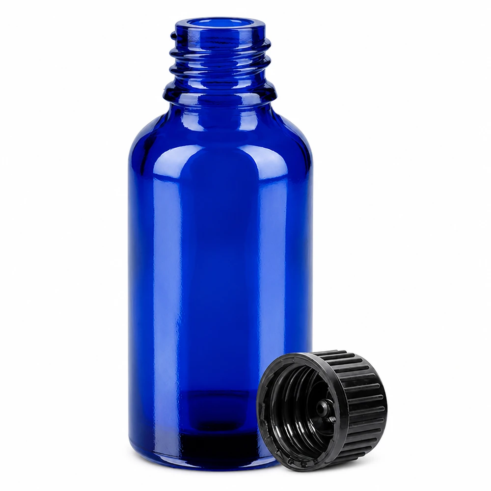 Bouteille de pharmacie professionnelle de 30 ml bleue avec bouchon noir à l'épreuve des enfants
