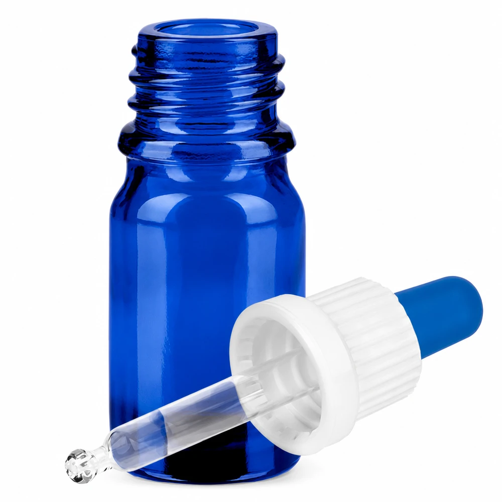 Flacon à pipette 5ml blanc/bleu OV BlueLine UT18/5 Flacon compact en verre bleu de 5ml avec pipette en verre pour l'aromathérapie et les huiles essentielles