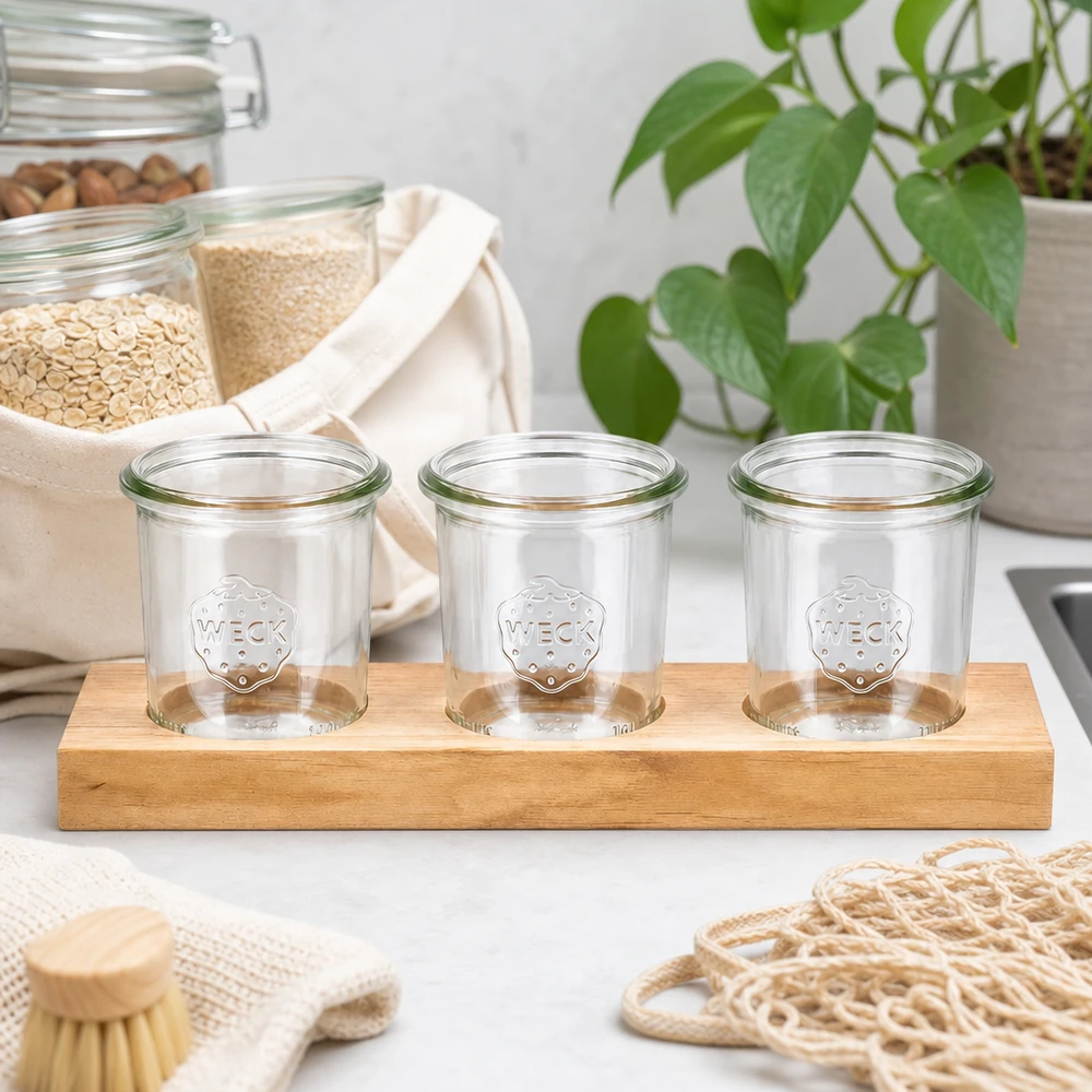 Plateau de service Plano3 avec 3 bocaux Weck de 140 ml Pots à liqueur vides WECK 140ml sur planche de service en bois Plano3 dans une cuisine durable zéro déchet avec fibres naturelles