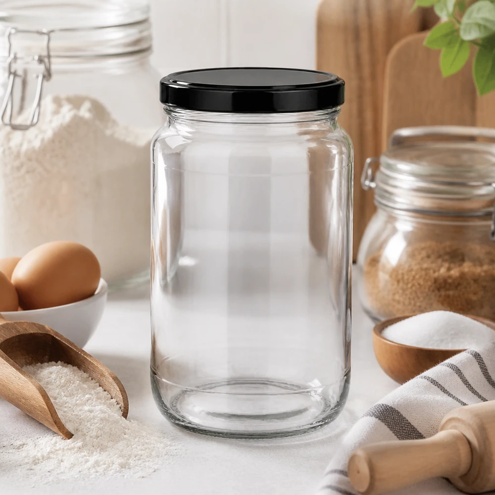 1700ml Verre rond avec couvercle BasicSeal noir UNiTWIST 1700ml verre rond vide dans une cuisine moderne montre un design élégant pour une conservation polyvalente et la décoration
