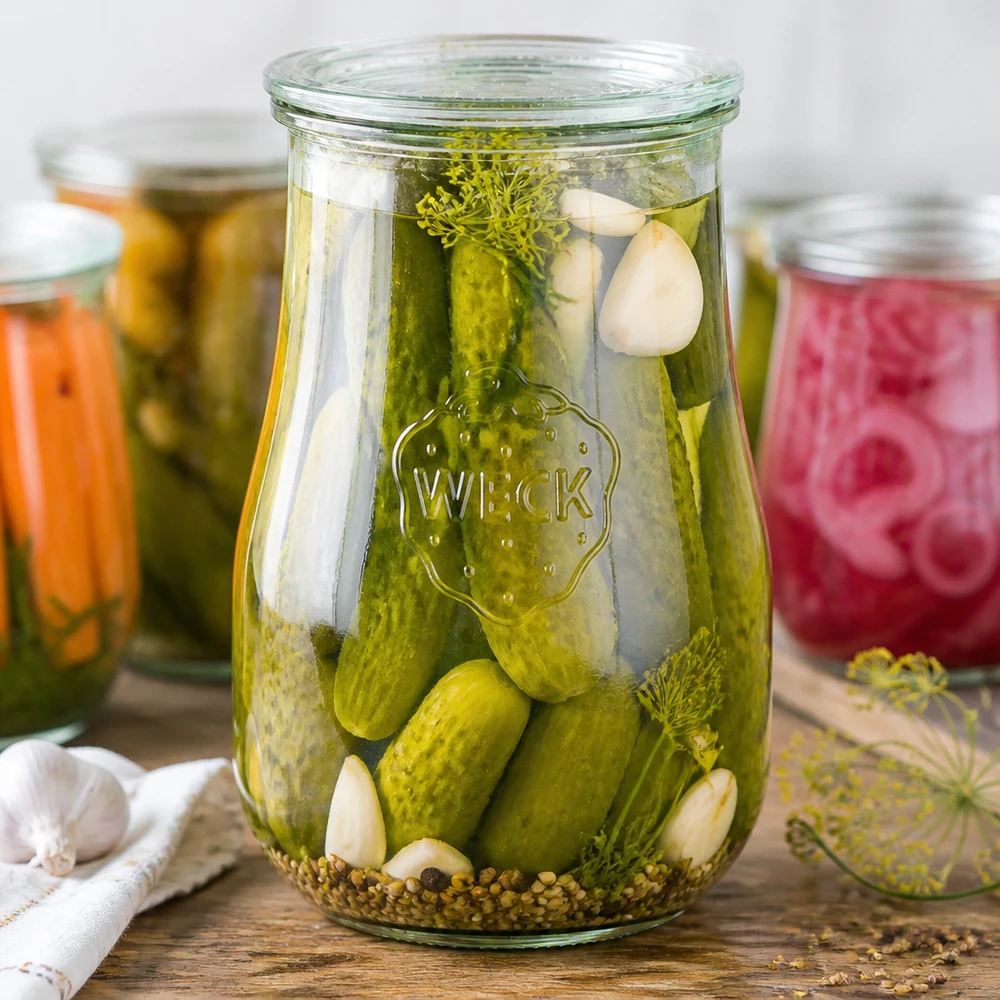 WECK Pot tulipe 1750ml rempli de cornichons marinés, d'ail et d'épices comme bocal pour conserves
