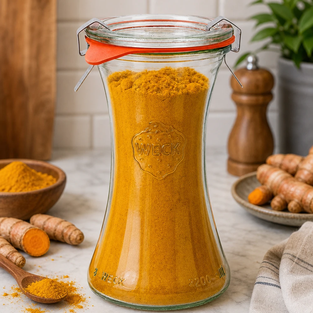 WECK Delikatessenglas 200ml RR60 mit Kurkumapulver gefüllt, Küchenszene mit frischen Kurkumawurzeln und Gewürzmühle