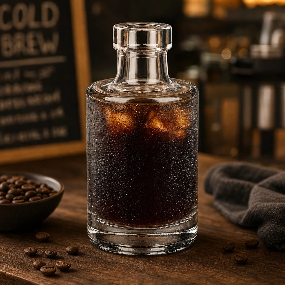 Bouteille en verre 100 ml « Marie » sans bouchon UNiTWIST® 100ml Glasflasche Marie mit Cold Brew Kaffee gefüllt neben Kaffeebohnen in gemütlicher Café-Atmosphäre