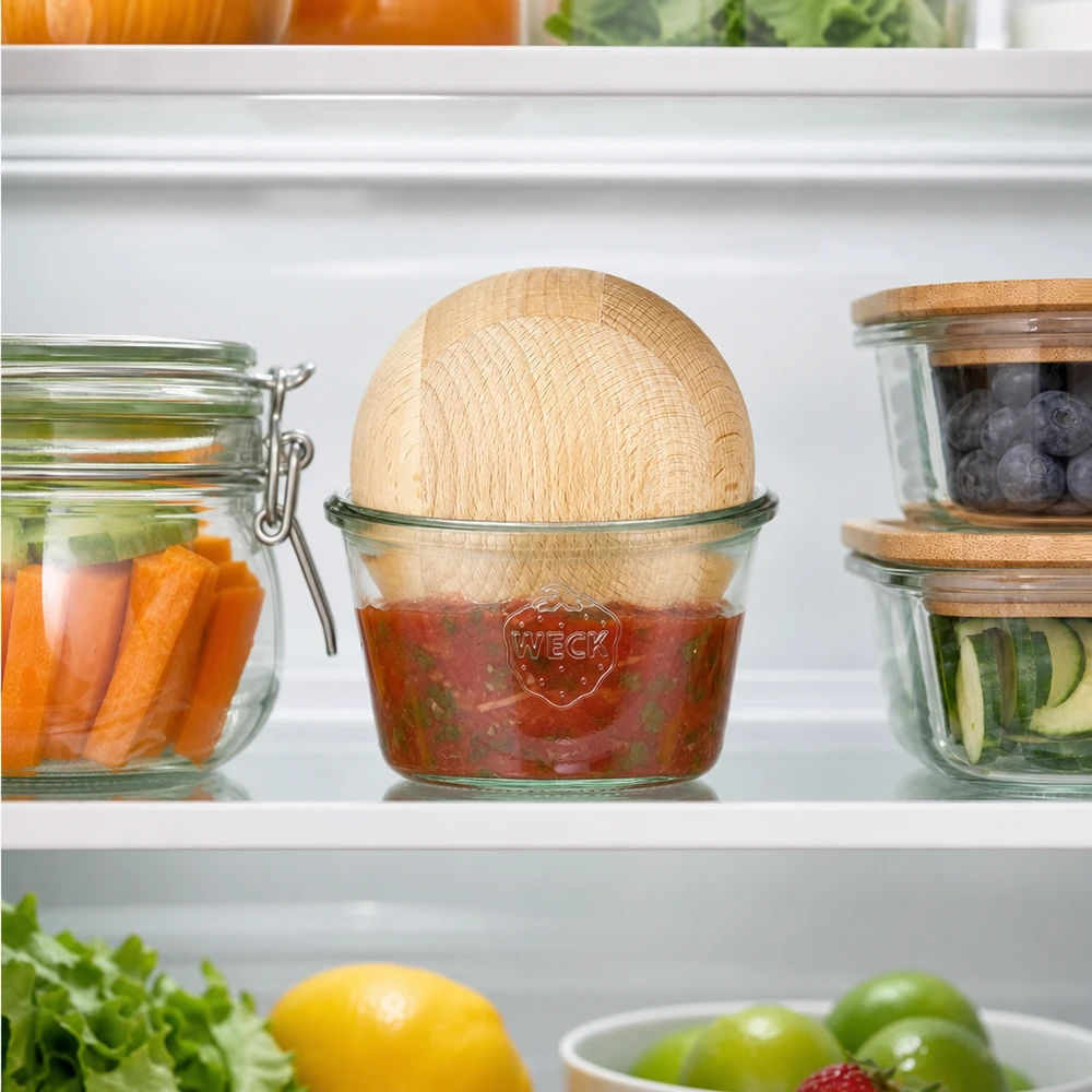 370ml bocal conique WECK RR100 avec boule en bois en hêtre WECK Pot renversé 370ml RR100 Réfrigérateur Conservation Salsa Dip Boule de hêtre à côté de légumes Ingrédients frais