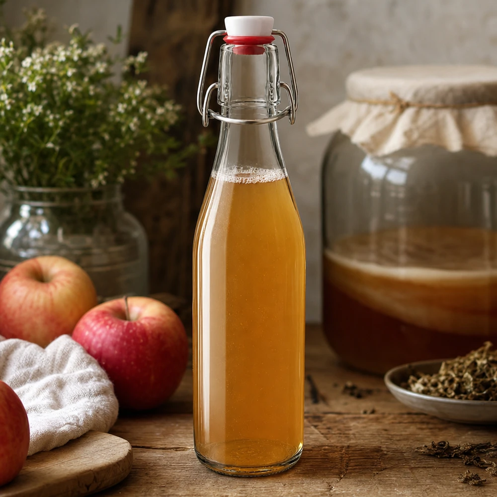 Bouteille en verre de 250 ml avec bouchon à étrier remplie de vinaigre de cidre, scène de cuisine rustique avec des pommes rouges et des épices