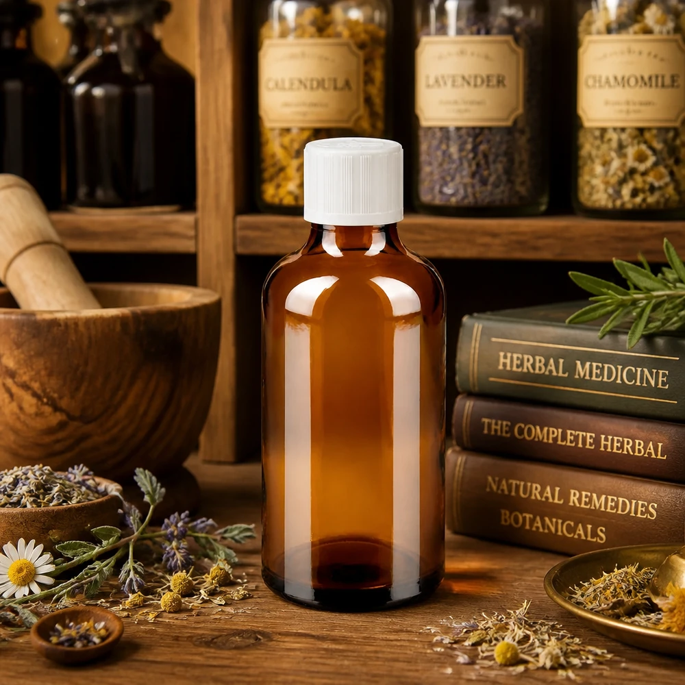 Flacon en verre brun de pharmacie de 50 ml avec un bouchon blanc KiSi, entre le calendula, la lavande et les fleurs de camomille