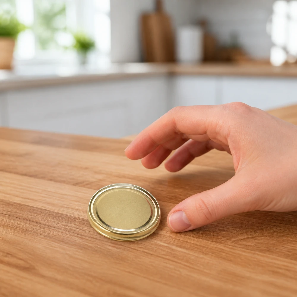 Une main s'approche d'un couvercle TO58 doré posé sur un support en bois, fond de cuisine UNiTWIST unitemp