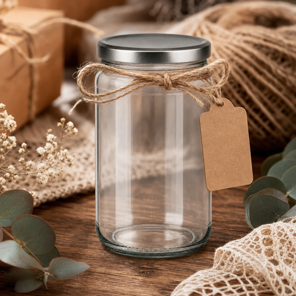 Verre rond de 305ml avec couvercle BasicSeal argenté décoré avec une ficelle de jute et une étiquette en papier kraft sur une table en bois rustique