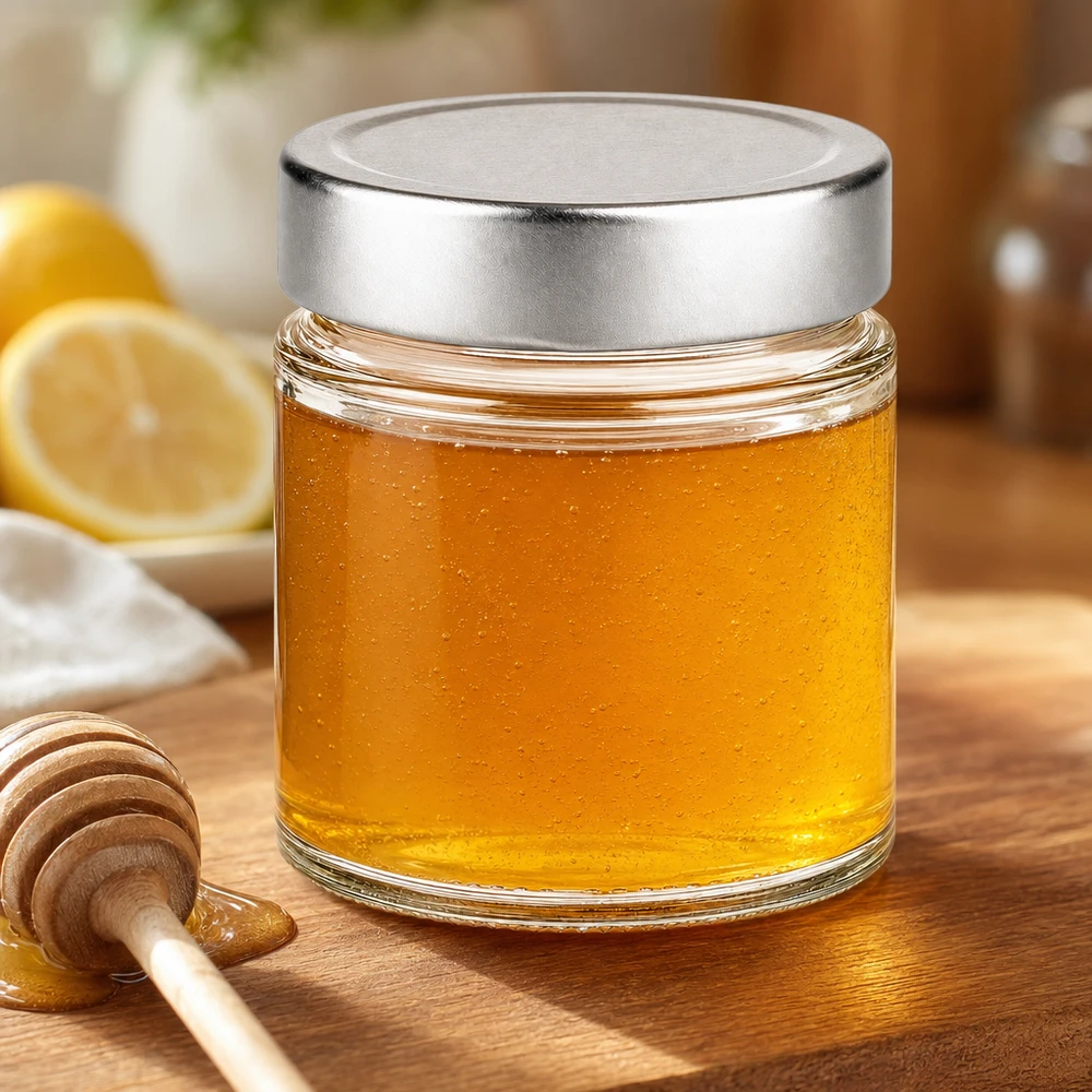 135ml Verre rond avec couvercle BasicSeal argent UNiTWIST 135ml verre rond argent couvercle rempli de miel doré cuillère à miel citron cuisine aliments naturels verre