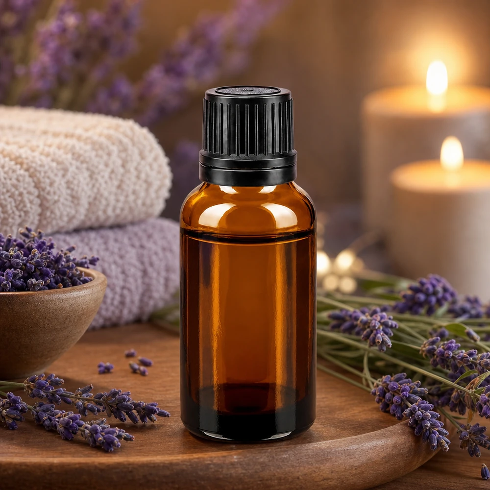 Flacon en verre brun de 20ml avec bouchon vissable noir et bague verseuse Petite bouteille en verre brun de 20 ml avec bouchon OV noir, idéale pour l'huile de lavande et les essences