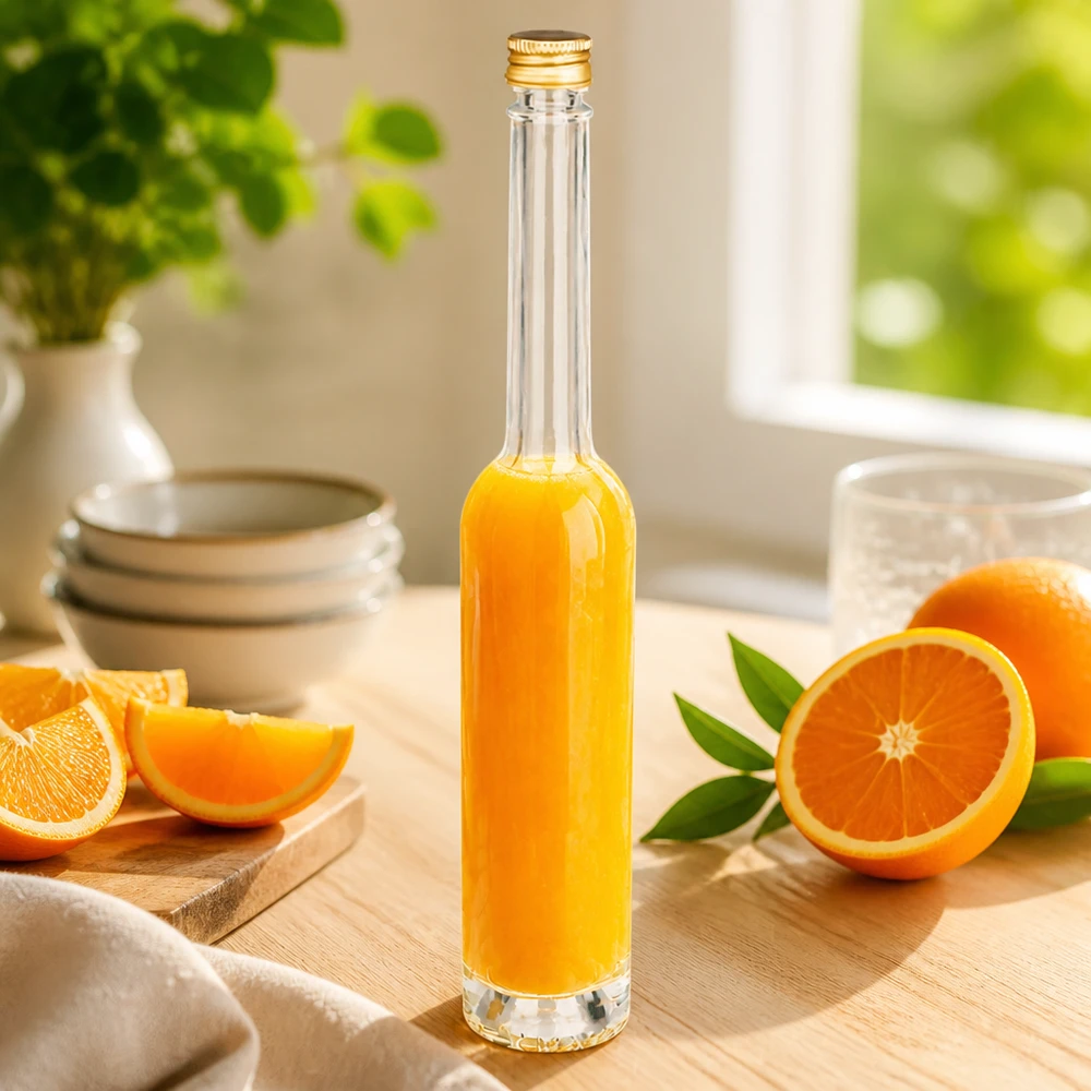 Bouteille en verre 100 ml « Toni » et bouchon à vis argenté UNiTWIST® Bouteille en verre Toni de 100 ml remplie de jus d'orange - bouchon à vis doré UNiTWIST dans un décor de cuisine avec des oranges fraîches