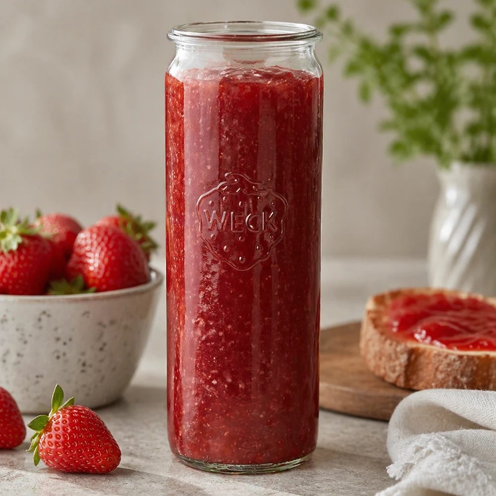 WECK Pot cylindrique RR60 600ml rempli de confiture de fraises maison à côté de fraises fraîches et de pain