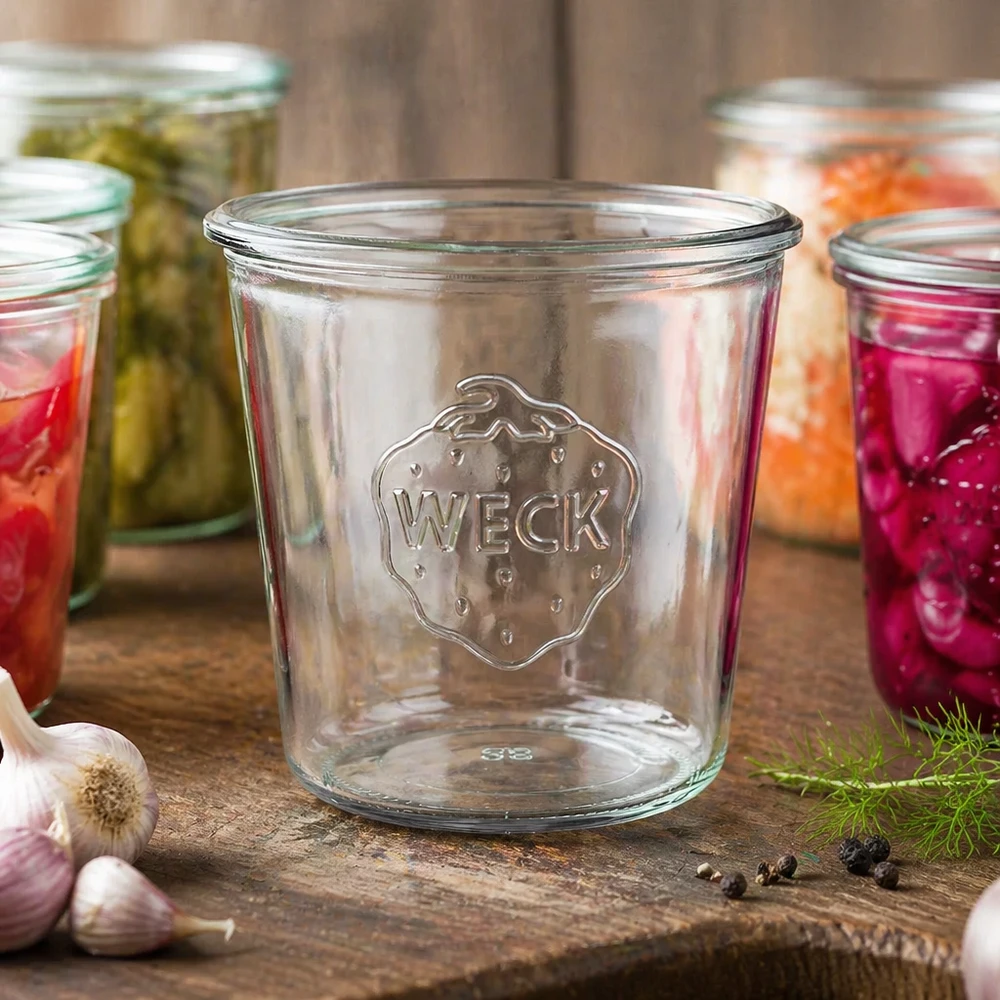 Pot de 580ml WECK RR100 vide avec logo sur table en bois à côté de bocaux colorés avec légumes et ail