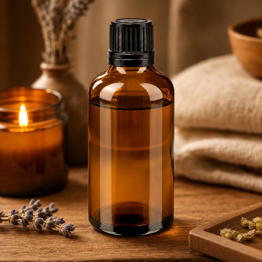 Bouteille de pharmacie brune 50ml bouchon vissable noir bouchon inviolabilité Flacon en verre ambré de 50 ml, bouchon d'origine noir de 8 mm, fleurs de lavande séchées, cosmétiques naturels