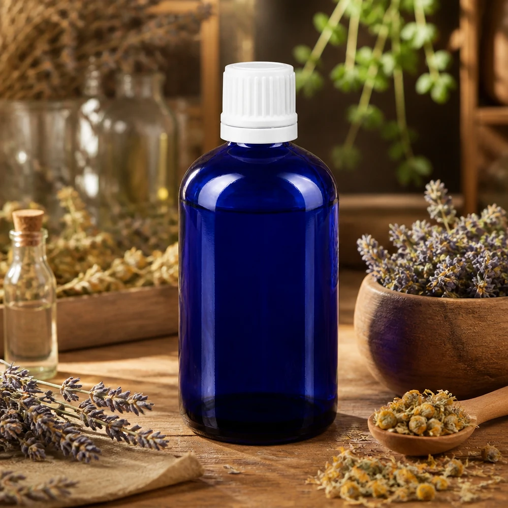 Flacon compte-gouttes ApoGlas bleu de 100 ml avec embout compte-gouttes de 0,7 mm, entouré d'herbes médicinales séchées sur du bois