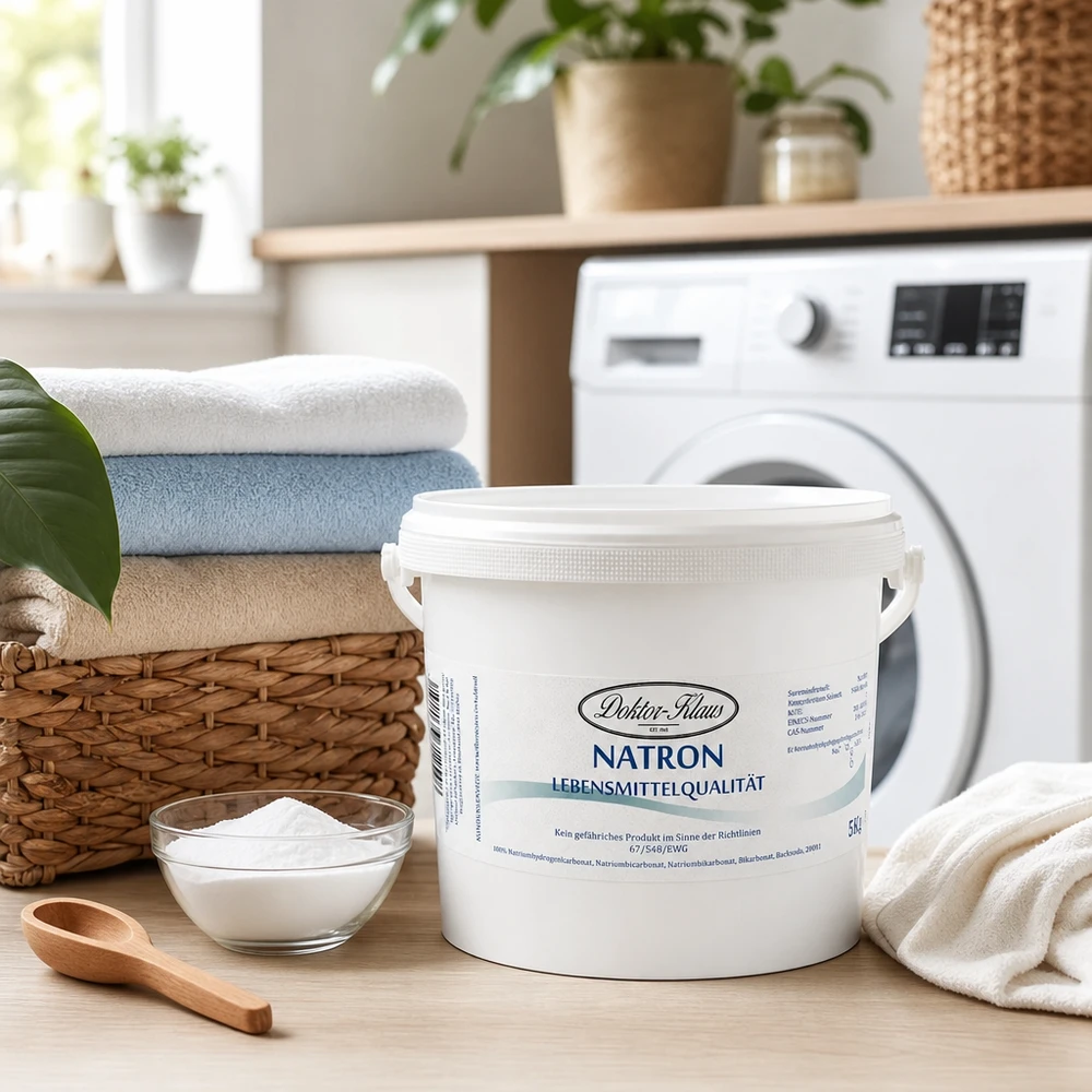 Bicarbonate de soude Doktor Klaus, seau de 5 kg, apte à l’utilisation alimentaire Docteur Klaus Natron 5kg dans la buanderie avec des serviettes pliées et une machine à laver en arrière-plan