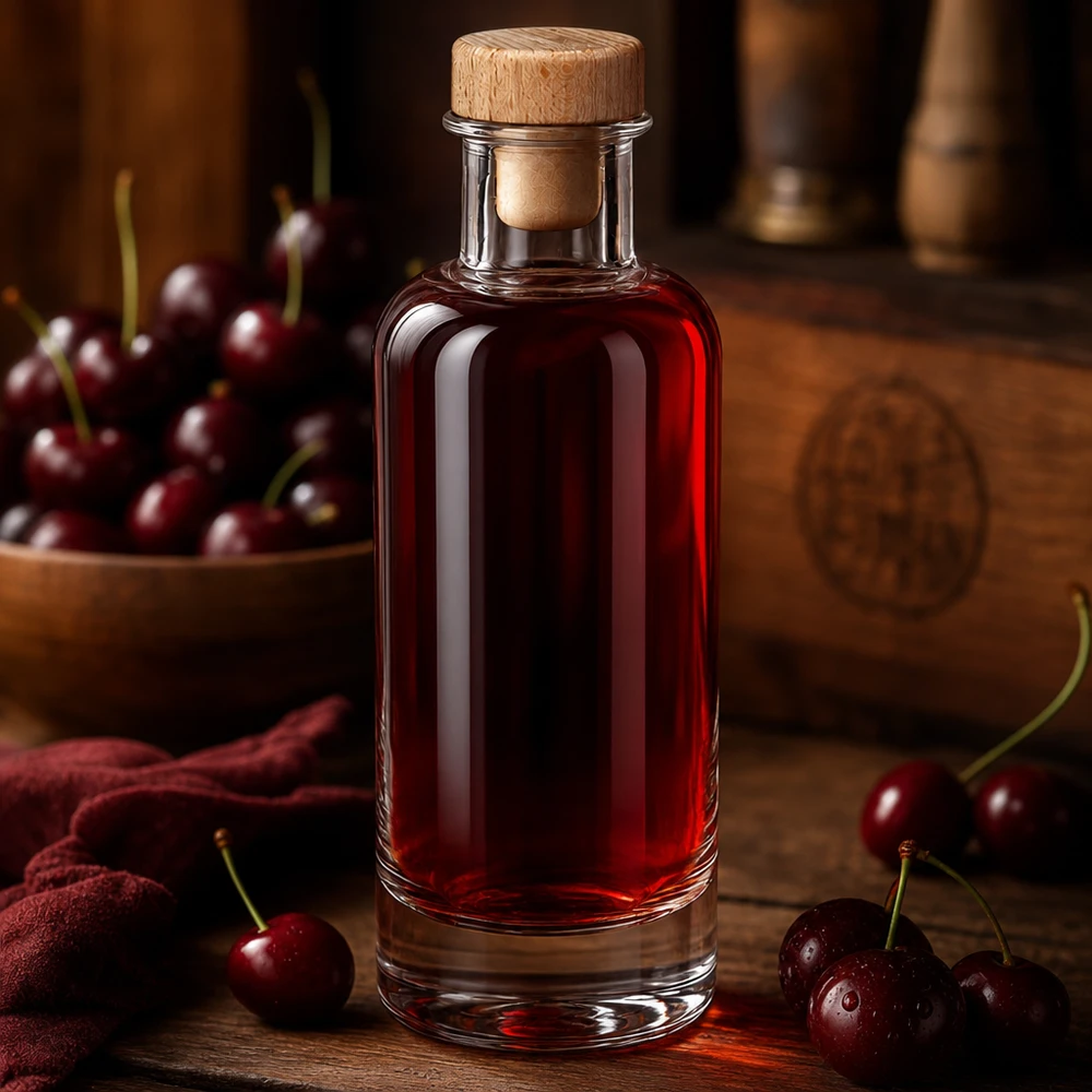 Bouteille Ella » avec bouchon en bois UNiTen verre 200 ml « WIST® Glasflasche Ella 200ml mit Holzkorken gefüllt mit rotem Kirschlikör zwischen frischen Kirschen auf warmem Holztisch