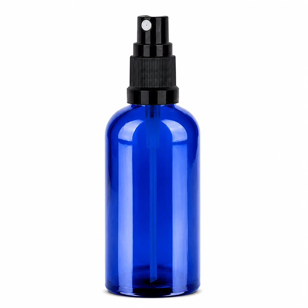 Vaporisateur 100ml noir STD BlueLine UT18/100 Vaporisateur en verre bleu 100ml avec pompe noire pour cosmétiques et huiles essentielles