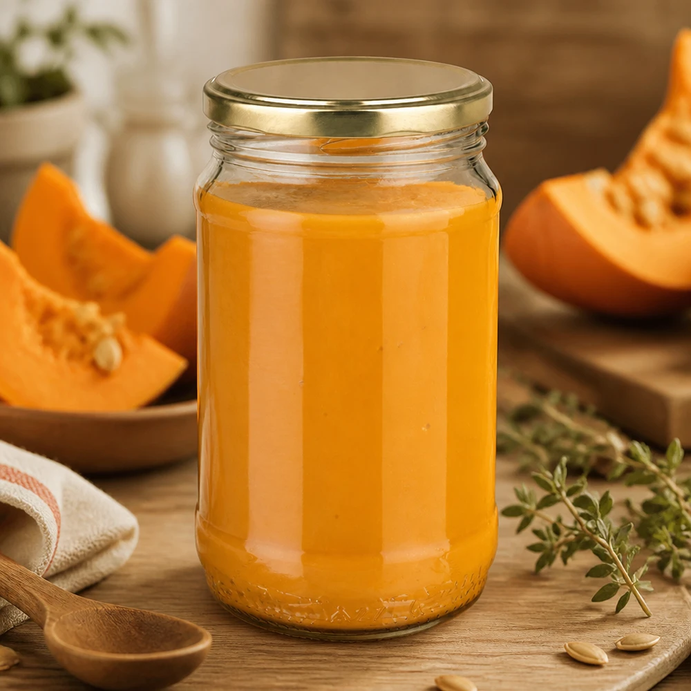 Petit bocal de conservation de 370 ml avec couvercle BasicSeal doré, idéal pour conserver de la purée de légumes