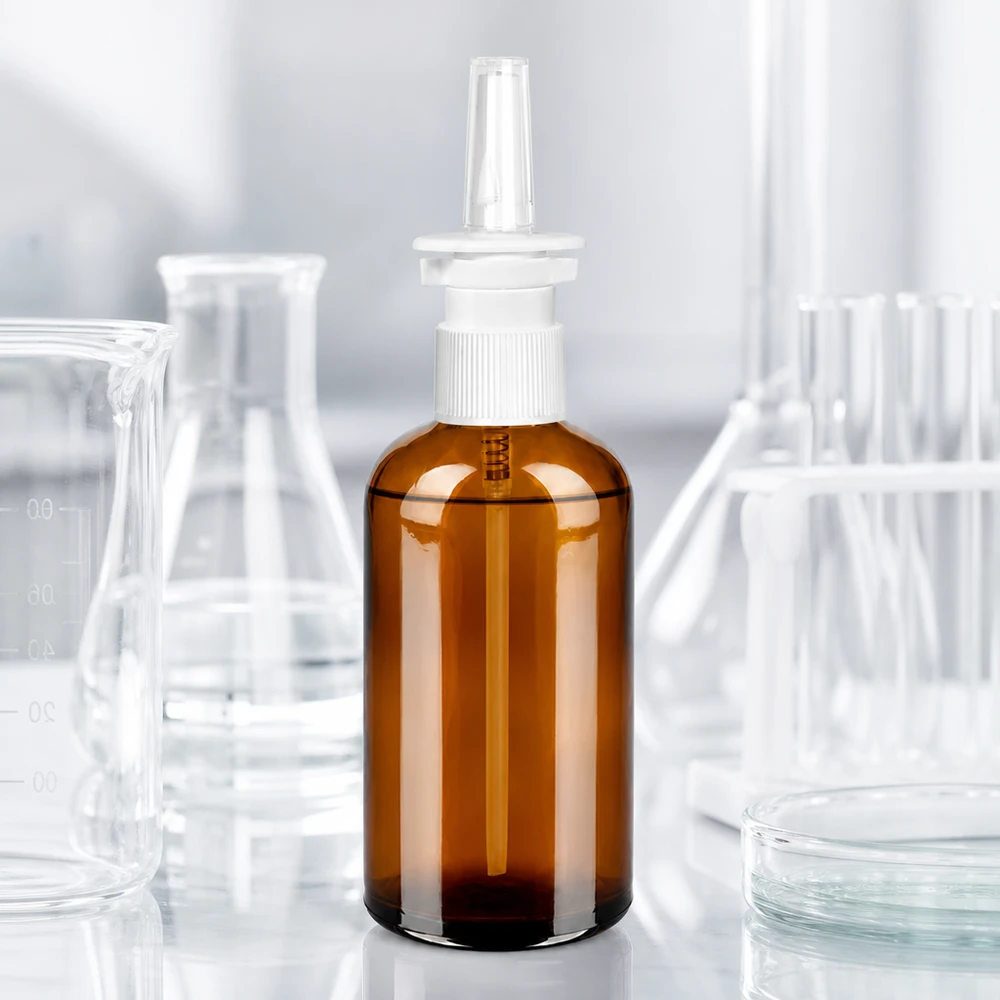 100ml flacon vaporisateur nasal w./tr. STD BrownLine UT18/100 Flacon pompe de 100 ml en verre brun avec tête de pulvérisation blanche pour une répartition optimale des substances actives