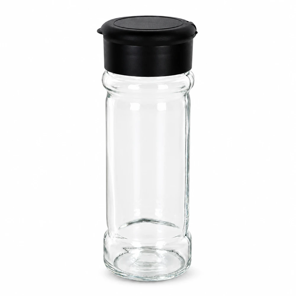 Pot à sel/épices 100 ml avec saupoudreuse, noir Salière en verre borosilicaté de haute qualité, 100 ml, avec bouchon à vis noir mat