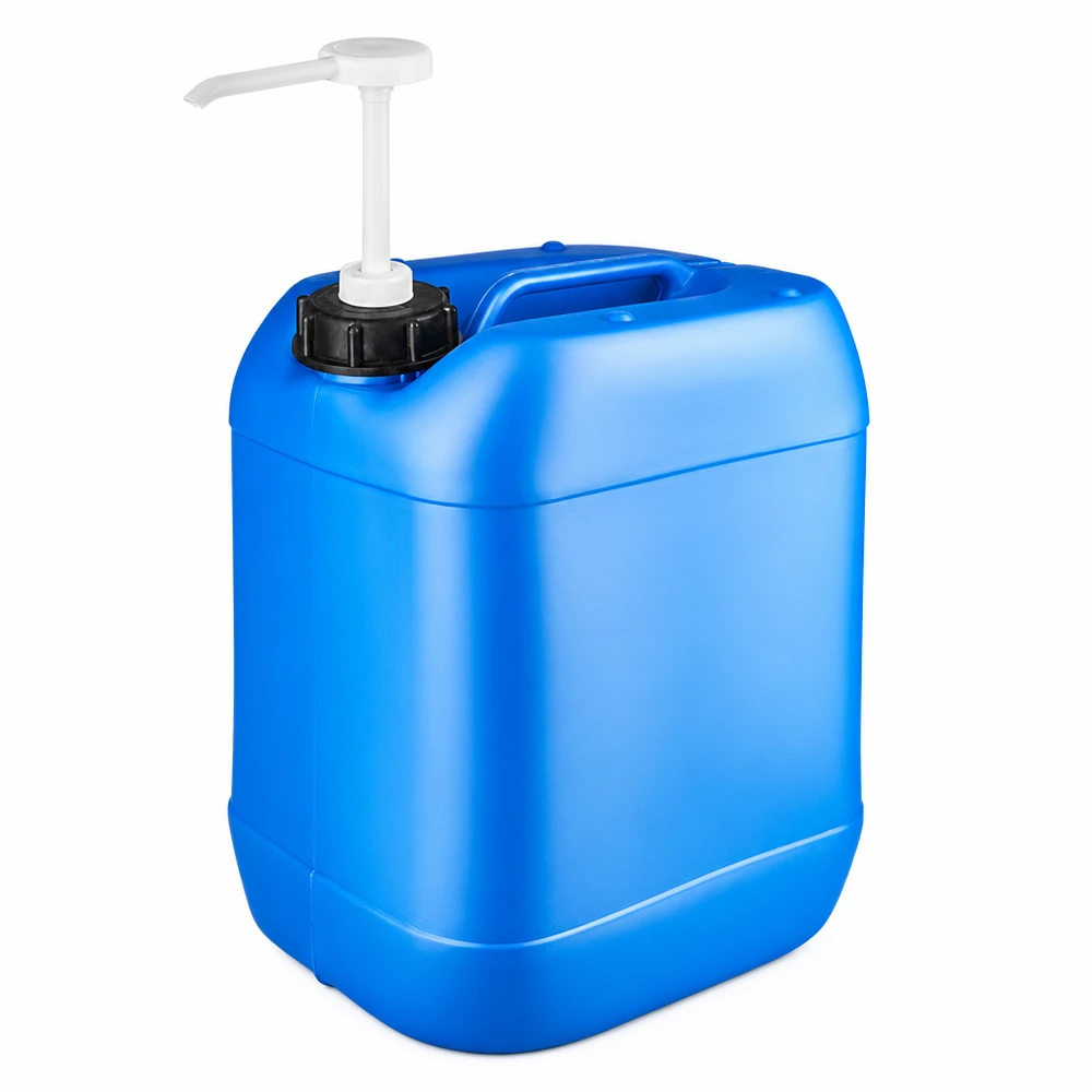 Bidon rectangulaire en PEHD de 20 L, de couleur bleue, avec pompe manuelle intégrée pour le prélèvement de liquides
