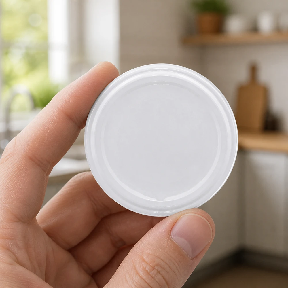 UNiTWIST TO58 blanc, BioSeal, sans BPA, unitemp Couvercle de conserve blanc et rond TO58 BioSeal unitemp sans BPA dans un environnement de cuisine