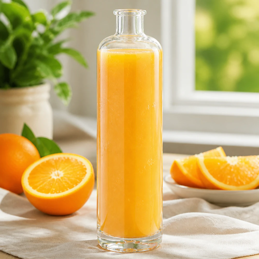 Bouteille en verre 700 ml « Ella » sans bouchon UNiTWIST® Bouteille en verre Ella de 700 ml remplie de jus d'orange frais à côté de tranches d'orange sur une table de cuisine claire avec une décoration végétale