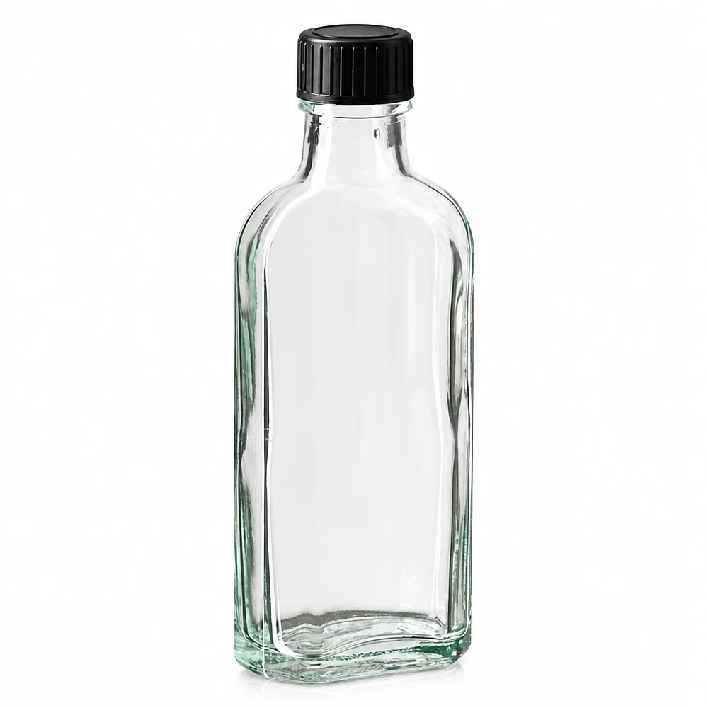 Flasque transparente de 100 ml au goulot DIN 22, avec bouchon à vis DIN 22 noir et joint PEE Flacon en verre transparent Meplat de 100 ml avec bouchon en plastique noir et joint d'étanchéité