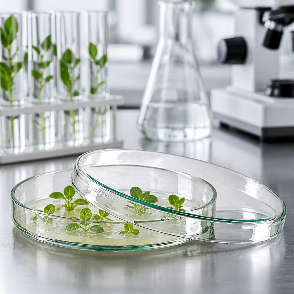 Boîte de Pétri en verre 100 x 15 mm pour cultures de cellules végétales avec gélose nutritive et plantules