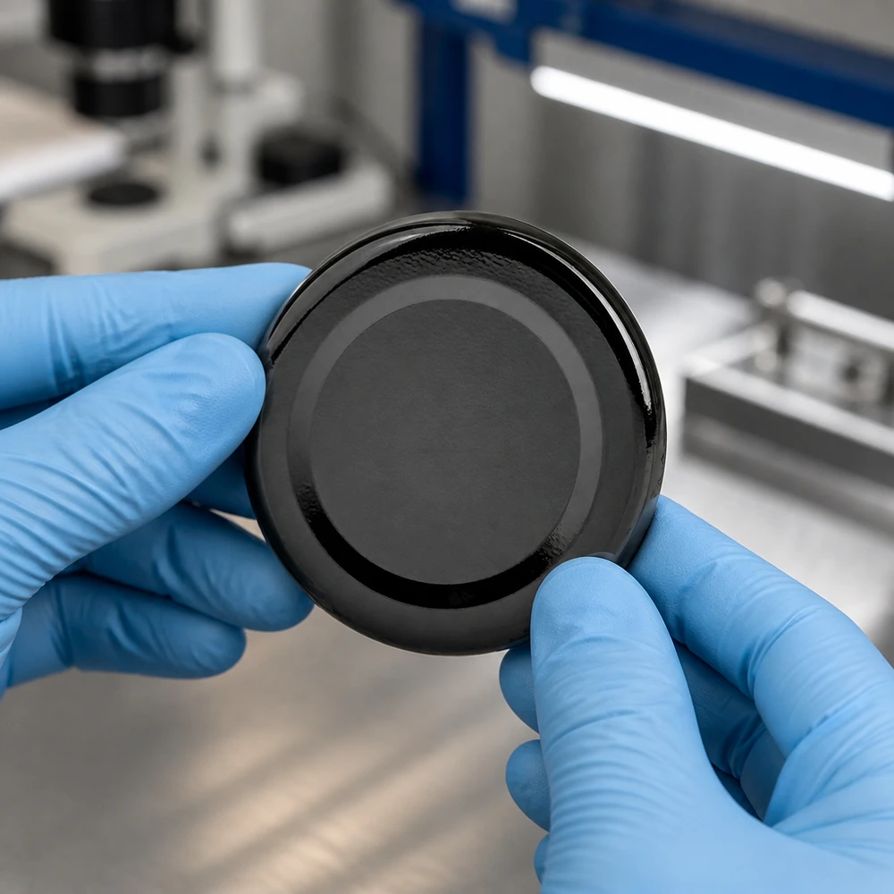 Des gants de protection maintiennent un bouchon noir rond à vis TO48 dans un environnement industriel