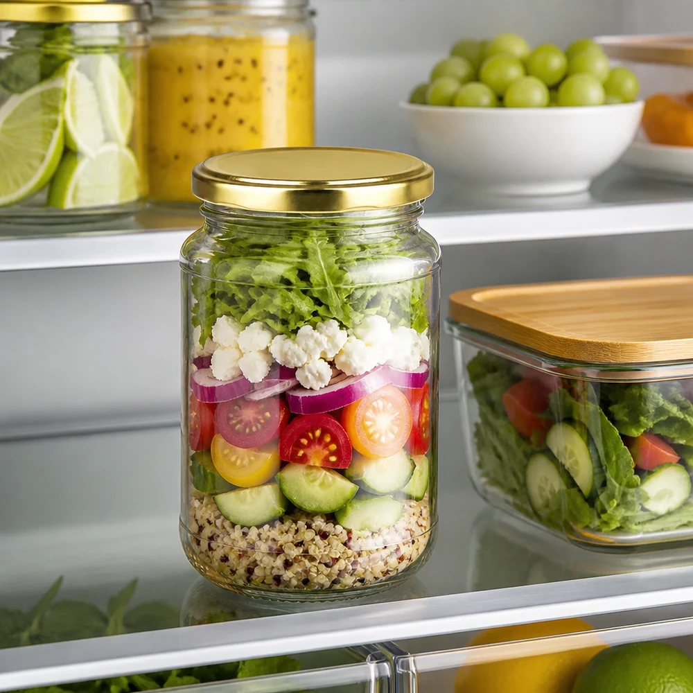Disposer les ingrédients frais de la salade en couches dans un bocal UNiTWIST BasicSeal doré de 320 ml, puis le conserver au réfrigérateur