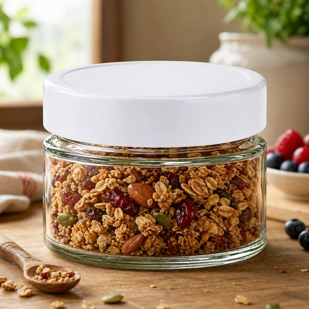 130ml Verre rond avec couvercle BasicSeal blanc UNiTWIST Bocal rond de 130ml UNiTWIST avec couvercle BasicSeal rempli de Müsli-Mix - Noix Conservation des fruits secs