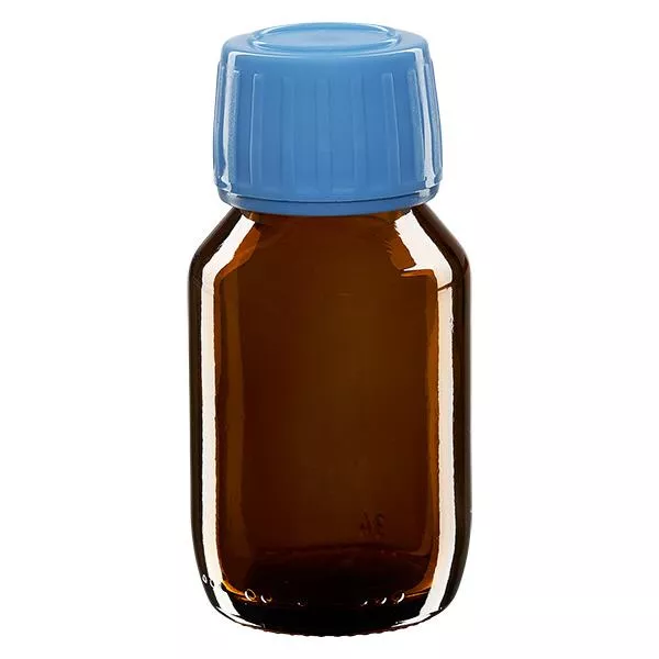 Flacon médical 50 ml couleur ambrée avec bouchon bleue Flacon médical 50 ml couleur ambrée avec bouchon bleue