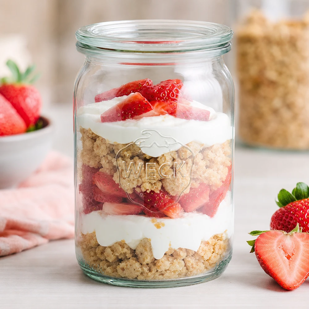 WECK 145ml verre cylindrique RR40 comme verre à dessert avec fraises et crème dessert en couches sur un plan de travail de cuisine blanc