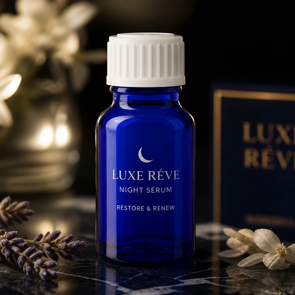 Flacon de pharmacie bleu 10ml bouchon vissable blanc standard Flacon en verre bleu de 10 ml servant d'emballage pour un sérum de nuit, décoré de lavande et de fleurs blanches