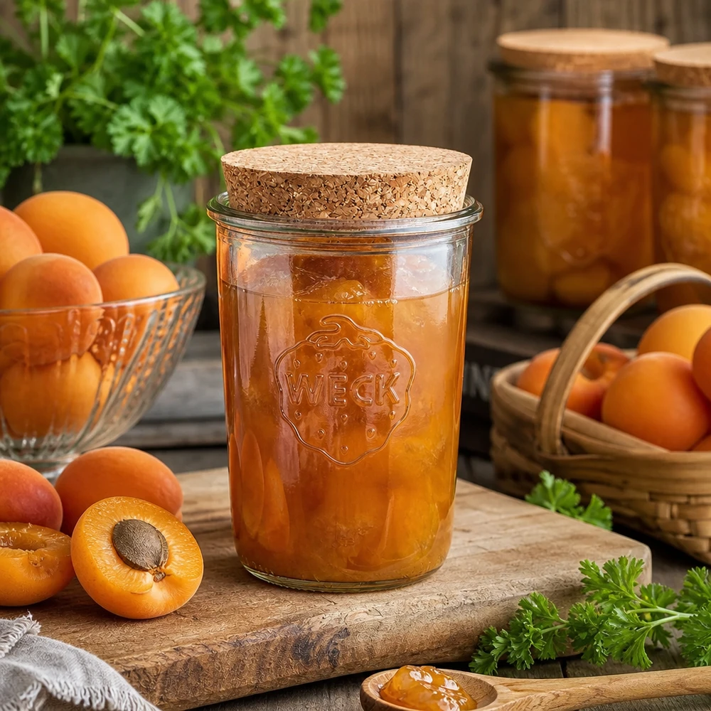850ml bocal conique WECK RR100 avec bouchon nature WECK RR100 Pot renversé de 850 ml avec bouchon rempli de confiture d'abricots à côté d'abricots frais sur une table en bois